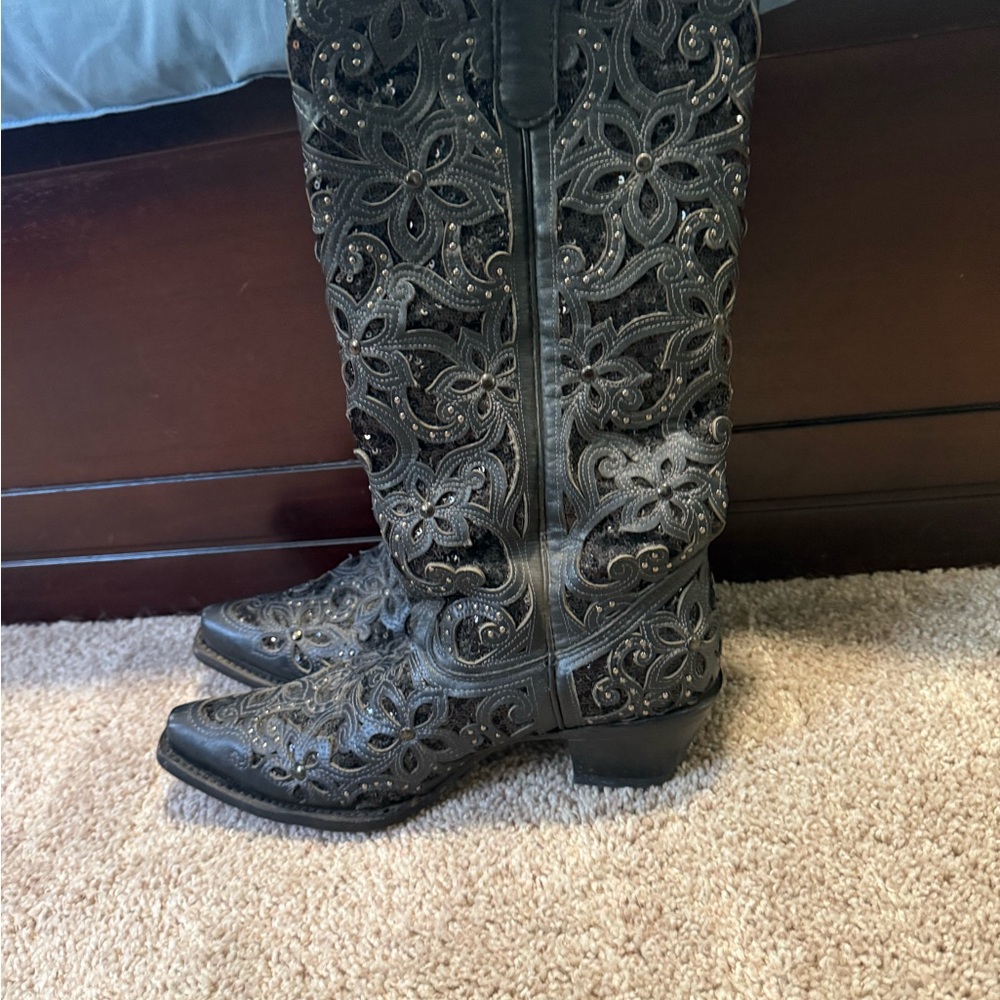 Embroidered Black Heeled Boots - image 2